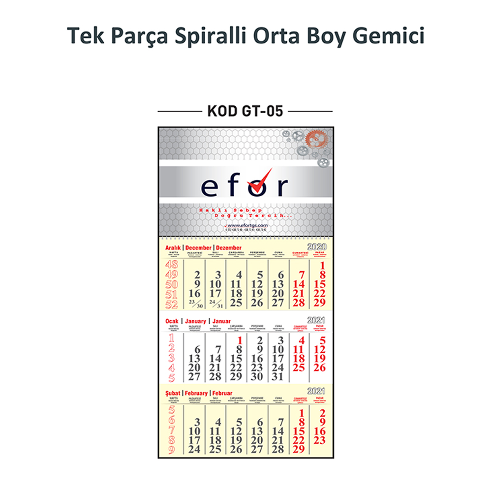 GT-05 Tek Parça Spiralli Orta Boy Gemici Takvim