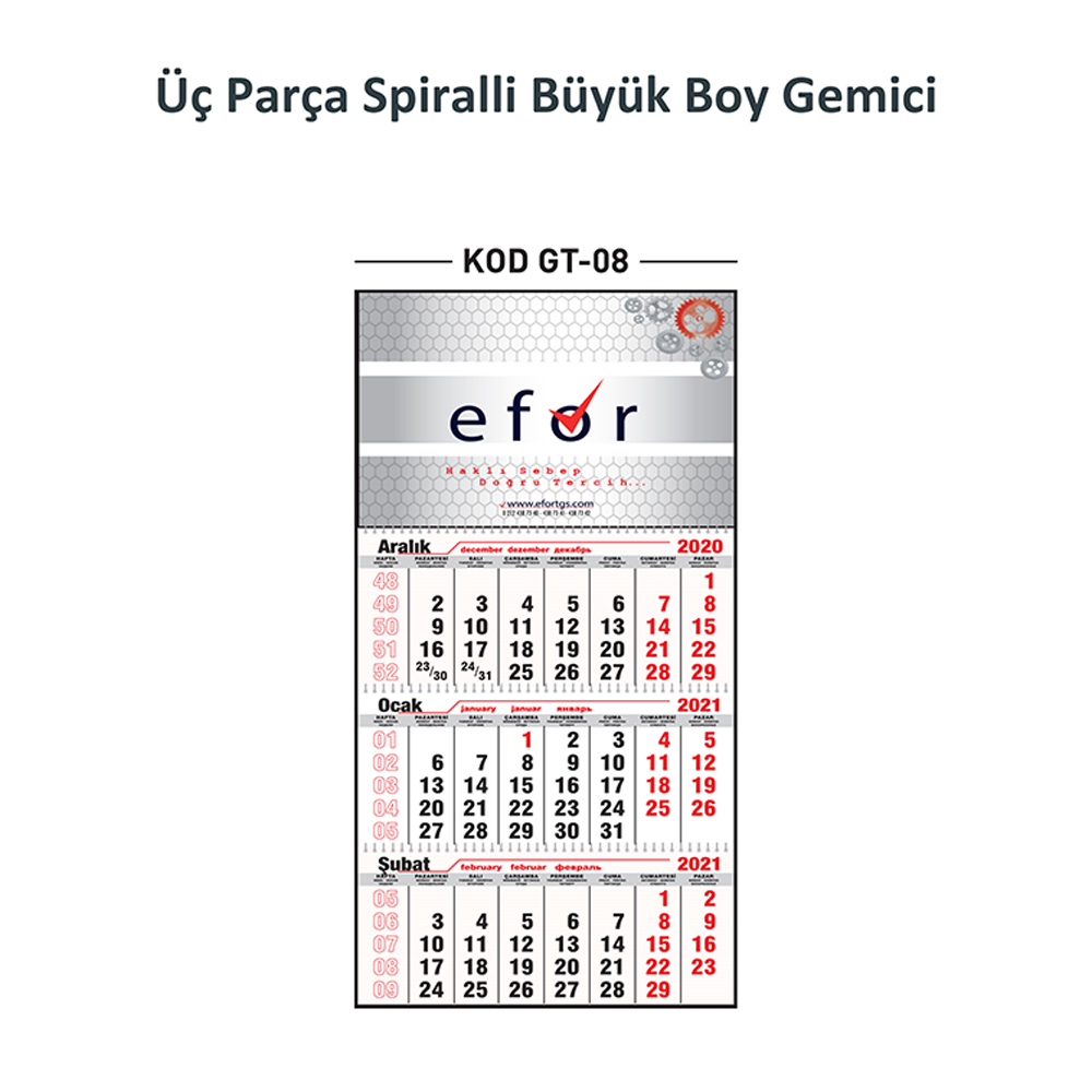 GT-08 Üç Parça Spiralli Büyük Boy Gemici Takvim