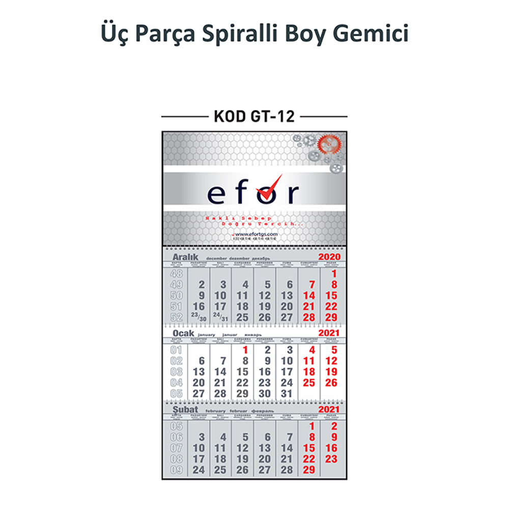 GT-12 Üç Parça Spiralli Büyük Boy Gemici Takvim